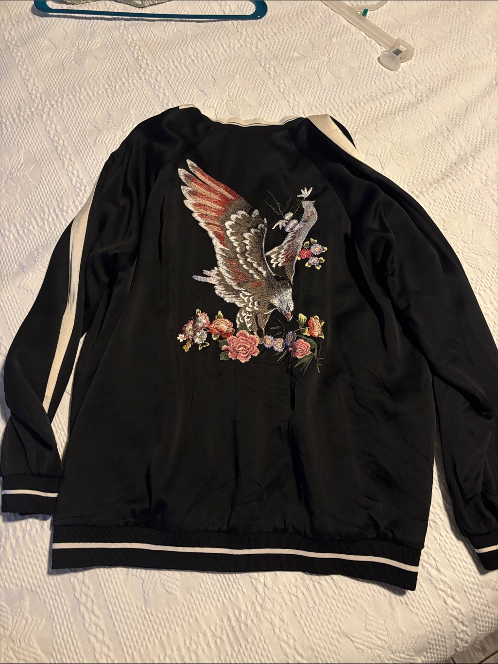 Red Valentino Embroidered Black Bomber Jacket With Eagle & Floral Motif
